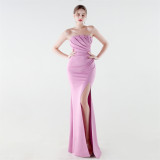 Women Strapless Ruched Mermaid High Slit Elegant Evening Gown Dress