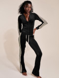 Women Zip Thermal Stripe Yop Drawstring Bell Bottom Pants Two Piece Set