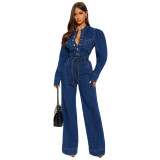 Women Slim Stretch Washed Denim Long Sleeve Bell Bottom Jumpsuit