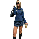 Women Denim Chic Slim Waist Long Sleeve Top Shirt
