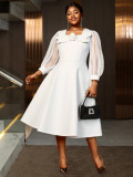 Plus Size Women Round Neck Mesh Lantern Sleeve Floral A Line White Party Dress