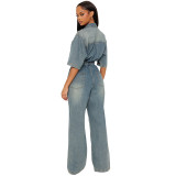 Women Elastic Waist Washed Denim Split Bell Bottom Jumpsuit