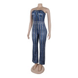 Women Printed Sleeveless Strapless Elastic Bodycon Wide Leg Jumpsuit