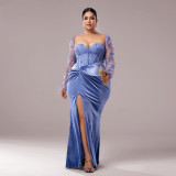 Plus Size Women Long Sleeve Split Formal Evening Gown Dress