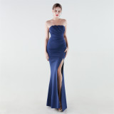 Women Strapless Ruched Mermaid High Slit Elegant Evening Gown Dress