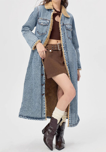 Women Long Loose Fleece Warm Denim Coat Jacket