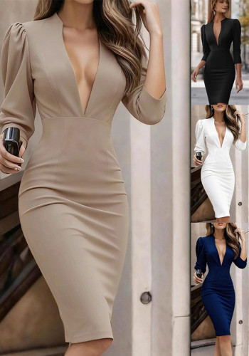 Spring Autumn Women Deep V Neck Slim Waist Three Quarter Sleeve Solid Dress