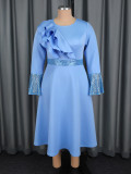 Plus Size Women Light Blue Diamond Bell Sleeve A-line Elegant Gown Dress