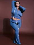 Women Hooded Zip Slim Pocket Top Bell Bottom Pants Two Piece Set