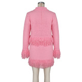 Spring Women Turndown Collar Fringe Knitted Cardigan Bodycon Skirt Two Piece Set