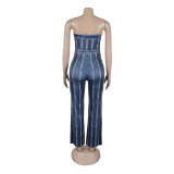 Women Printed Sleeveless Strapless Elastic Bodycon Wide Leg Jumpsuit