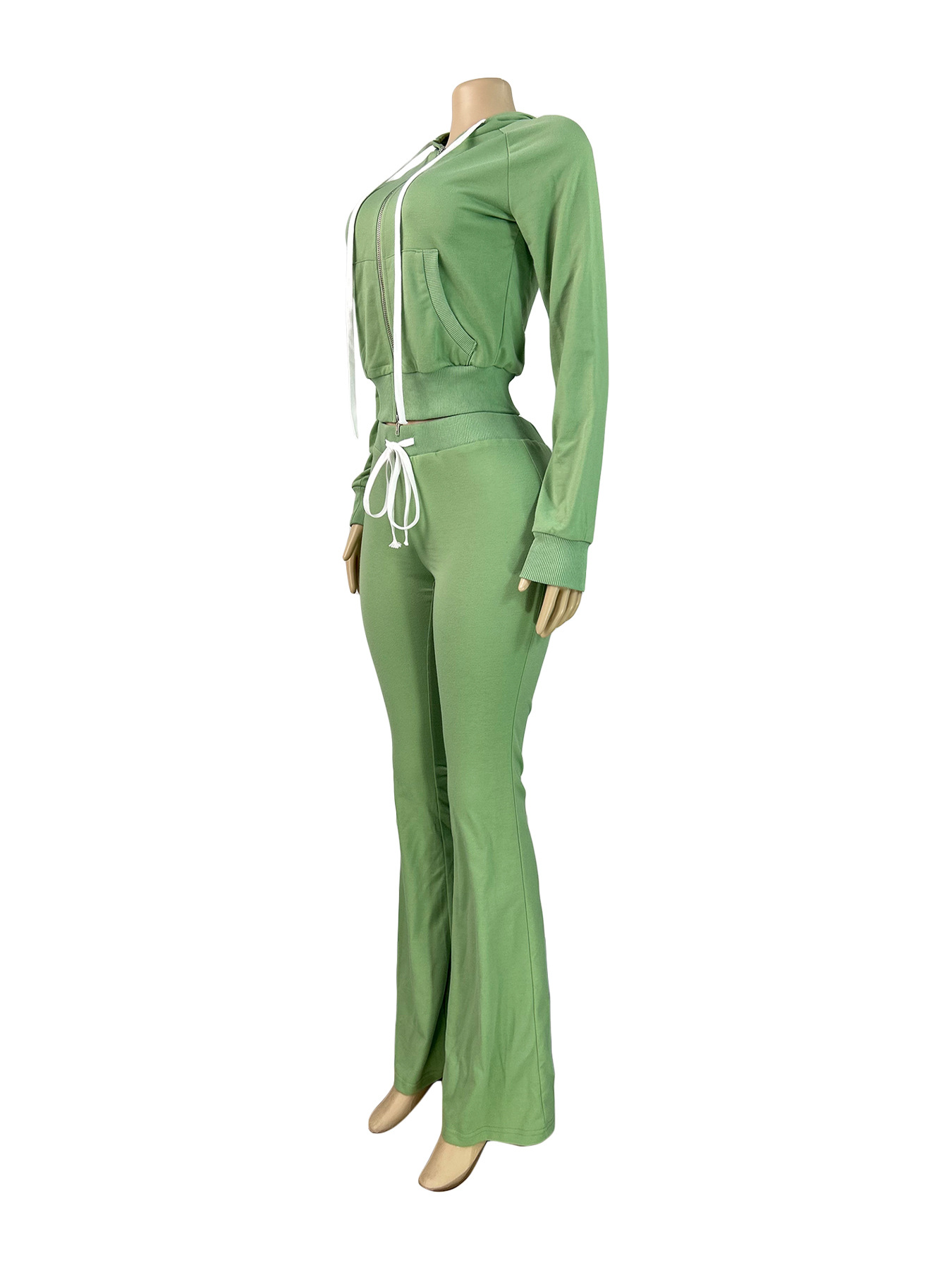 Women Hooded Zip Slim Pocket Top Bell Bottom Pants Two Piece Set