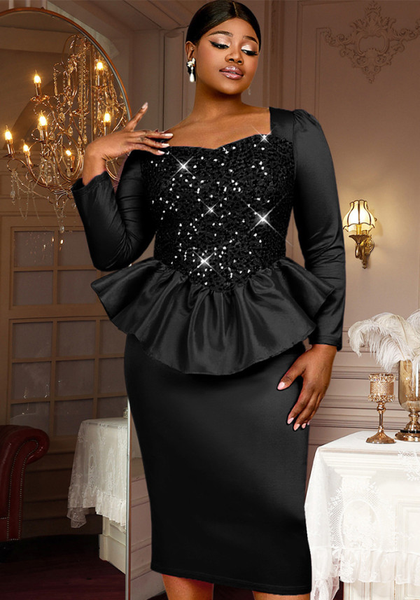Plus Size Women Black Diamond Square Neck Peplum Ruffle Bodycon Dress