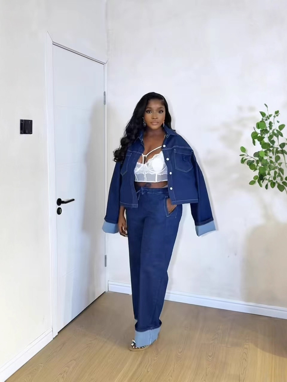 Women Turndown Collar Button Denim Shirt Pants Two Piece Set