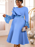 Plus Size Women Light Blue Diamond Bell Sleeve A-line Elegant Gown Dress