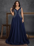 Plus Size Women Elegant Embroidered Beaded Formal Evening Gown Dress
