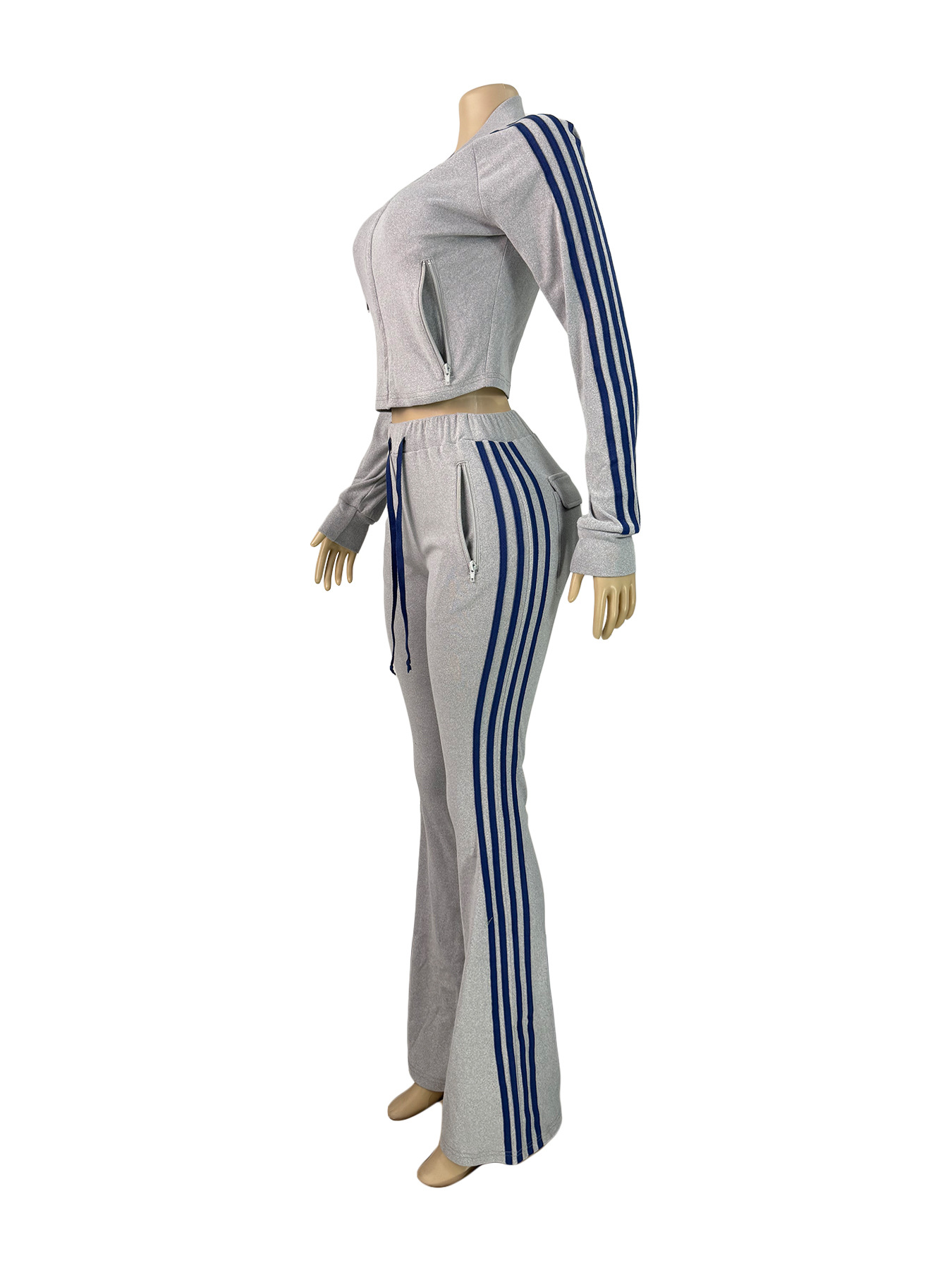 Women Zip Thermal Stripe Yop Drawstring Bell Bottom Pants Two Piece Set