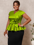 Plus Size Women Floral Ruffle Slim Waist Elegant Blouse