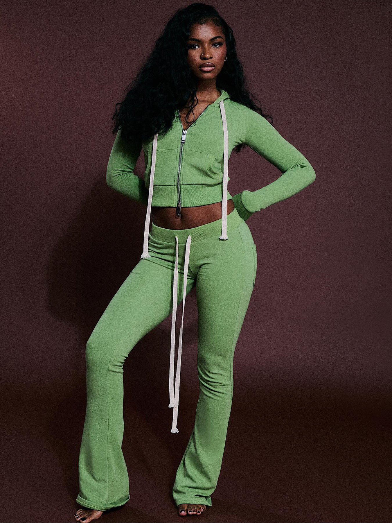 Women Hooded Zip Slim Pocket Top Bell Bottom Pants Two Piece Set