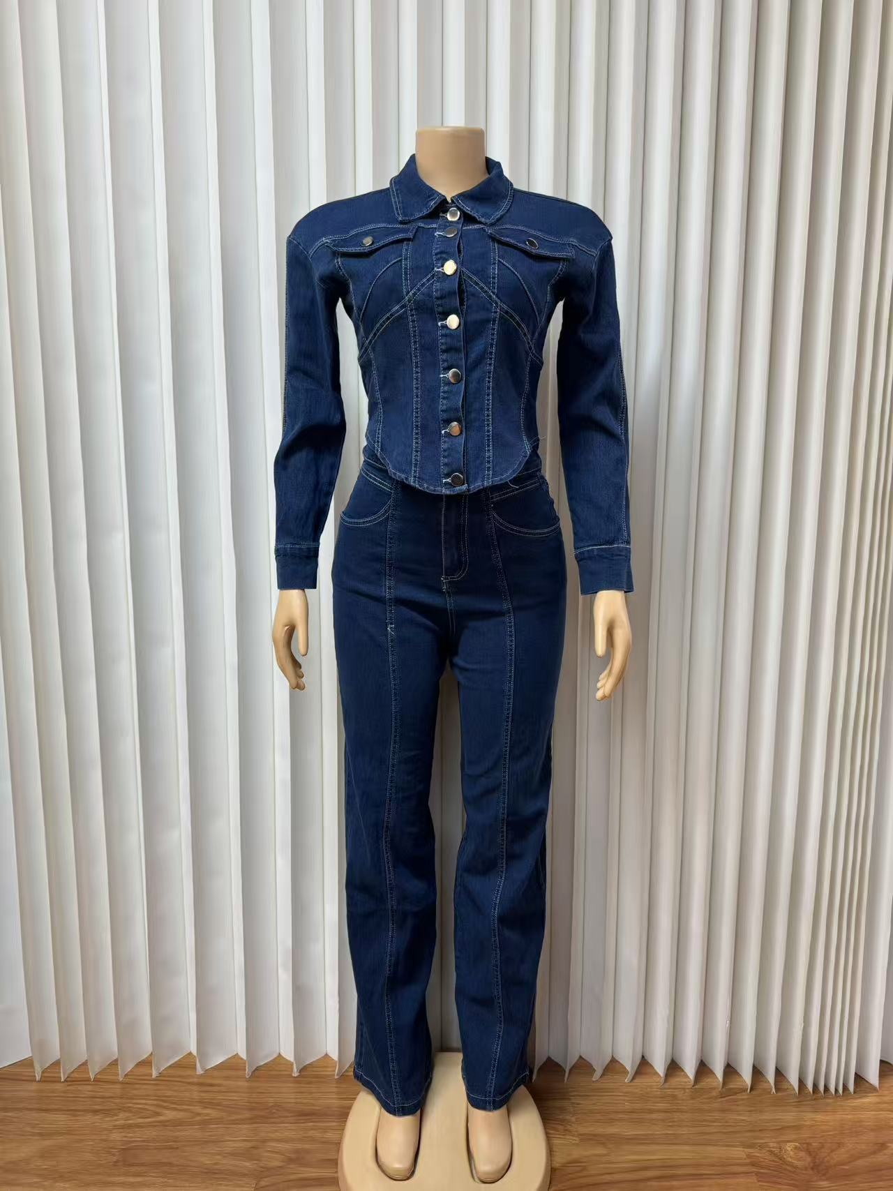 Women Denim Long Sleeve Jacket Wide Leg Pants Two Piece Set