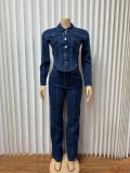 Women Denim Long Sleeve Jacket Wide Leg Pants Two Piece Set