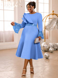 Plus Size Women Light Blue Diamond Bell Sleeve A-line Elegant Gown Dress