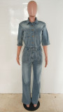 Women Elastic Waist Washed Denim Split Bell Bottom Jumpsuit