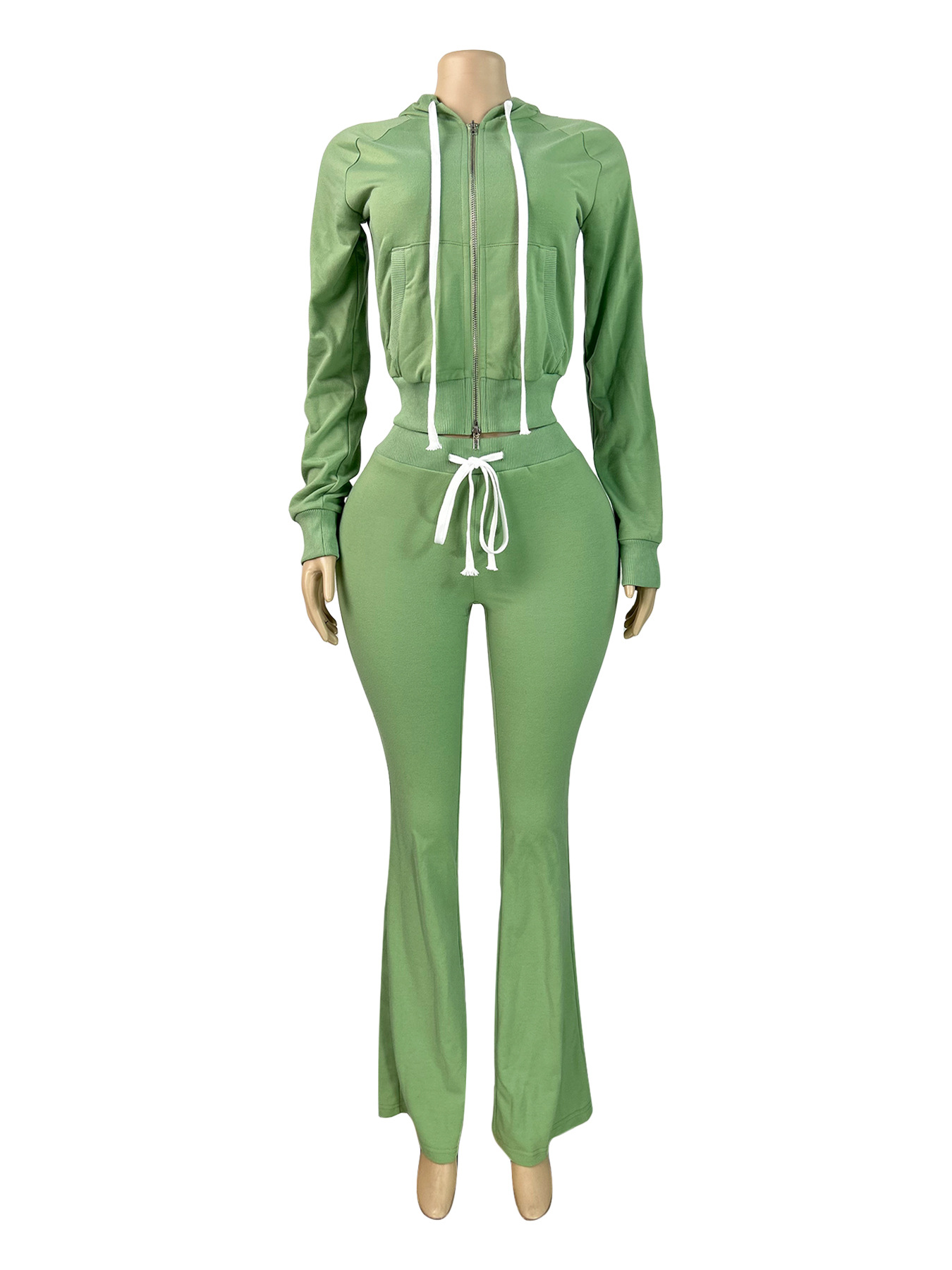 Women Hooded Zip Slim Pocket Top Bell Bottom Pants Two Piece Set