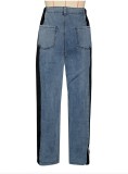 Fashion Patchwork Striped Wide-Leg Denim Trousers Women's Casual High Waist Straight Pants