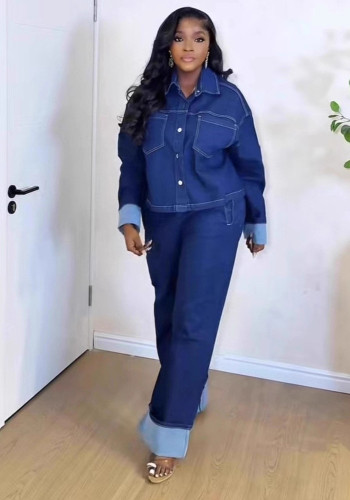 Women Turndown Collar Button Denim Shirt Pants Two Piece Set
