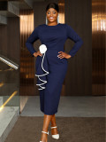 Plus Size Women Navy Long Sleeve Split Floral Trim Slim Career Dress