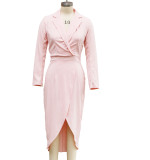 Autumn Winter Women Turndown Collar Long Sleeve Solid Slim Waist Irregular Dress