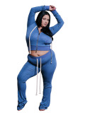 Women Hooded Zip Slim Pocket Top Bell Bottom Pants Two Piece Set