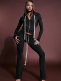 Women Hooded Zip Slim Pocket Top Bell Bottom Pants Two Piece Set