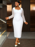 Plus Size Women White Square Neck Lace Sleeve Slim Waist Chic Gown Dress