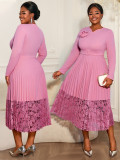Plus Size Women Light Purple V Neck Pleated Lace Patchwork Elegant Dress