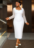Plus Size Women White Square Neck Lace Sleeve Slim Waist Chic Gown Dress