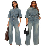 Women Elastic Waist Washed Denim Split Bell Bottom Jumpsuit