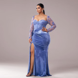 Plus Size Women Long Sleeve Split Formal Evening Gown Dress