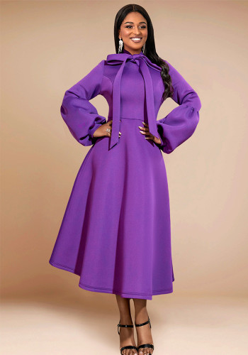 Women Bowknot Stand Collar Puff Sleeve A Line Party Dress