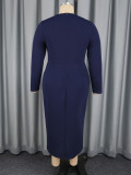 Plus Size Women Navy Long Sleeve Split Floral Trim Slim Career Dress