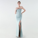 Women Strapless Ruched Mermaid High Slit Elegant Evening Gown Dress