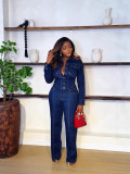 Women Denim Long Sleeve Jacket Wide Leg Pants Two Piece Set