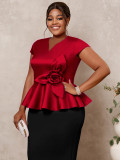 Plus Size Women Floral Ruffle Slim Waist Elegant Blouse