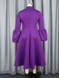 Women Bowknot Stand Collar Puff Sleeve A Line Party Dress