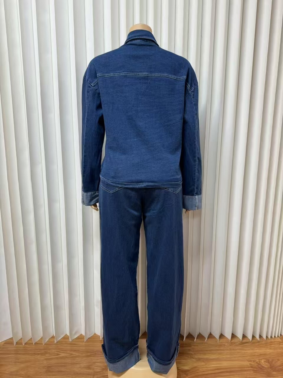 Women Turndown Collar Button Denim Shirt Pants Two Piece Set