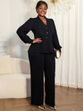 Plus Size Women Textured Sleeve Blazer Ruffle Top Wide Leg Pants Two Piece Set