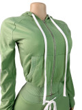 Women Hooded Zip Slim Pocket Top Bell Bottom Pants Two Piece Set