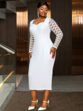 Plus Size Women White Square Neck Lace Sleeve Slim Waist Chic Gown Dress