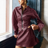 Women PU Leather Jacket Bodycon Skirt Two-Piece Set